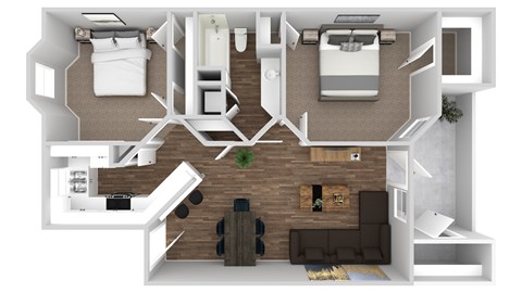A 3D floor plan of a small apartment with a kitchen, living room, and bedrooms.